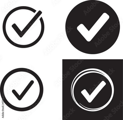 Various Checkmark Symbols within Circular Shapes, Black and White