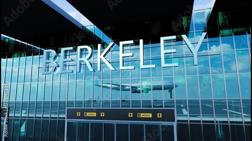 Airlane landing at Berkeley. Arrival in the city with reflection of airport and aircraft