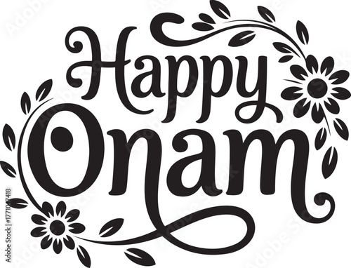 Happy onam celebration typography floral elements festive greetings isolated on transparent background