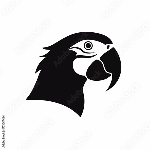 Minimal black silhouette vector of a parrot head with curved beak outline, detailed yet simple, white background, editable vector suitable for logo