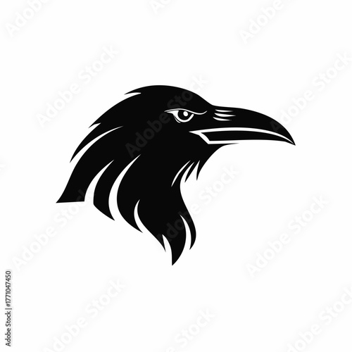 Stylized black silhouette vector of a raven head in side view, sleek and elegant shape, clean white background, ideal for logo or tattoo design