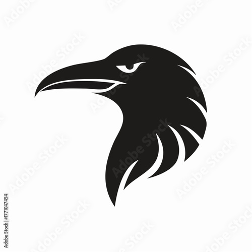 Stylized black silhouette vector of a raven head in side view, sleek and elegant shape, clean white background, ideal for logo or tattoo design