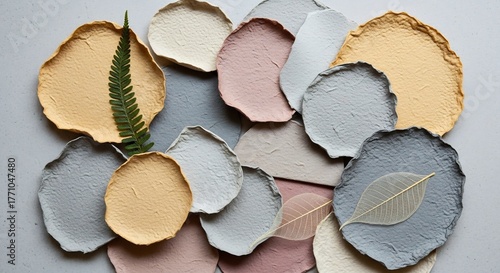 A creative flat lay of a natural color palette featuring handmade textured paper circles and botanical elements like a fern leaf