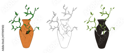 Ancient clay vase with growing sprout three variations
