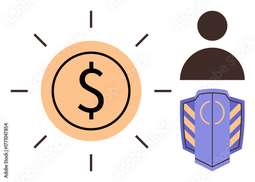 Dollar sign encircled with light rays, user icon, and shield symbolizing personal financial protection. Ideal for wealth management, insurance, financial safety, trust, security, economic stability