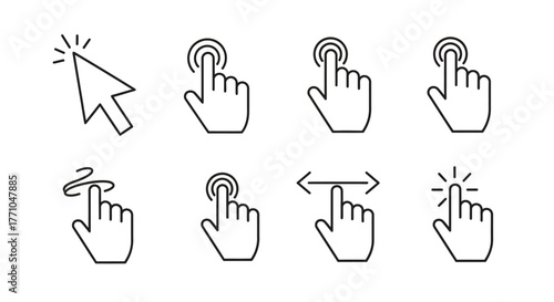 Set of hand gestures, including pointing, clicking, swiping, and dragging icons.