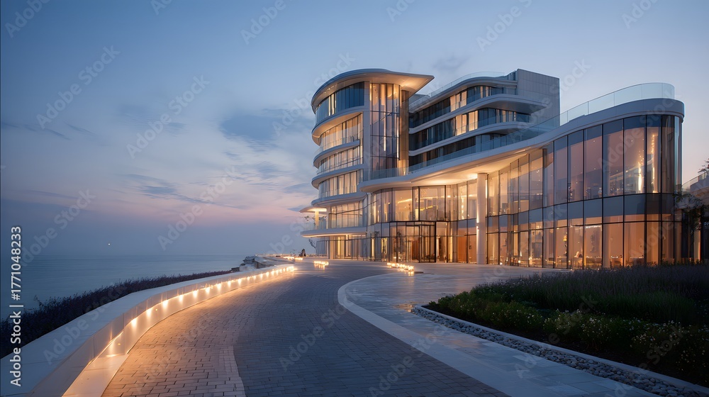 Obraz premium Contemporary luxury resort building illuminated against the twilight sky overlooking the ocean
