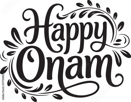Elegant happy onam script typography with floral swirls for festive greetings isolated on transparent background