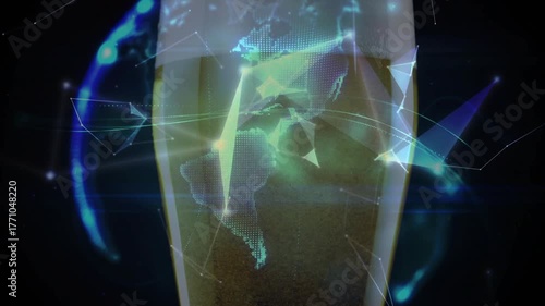 Green-blue polygons appearing around foamy beer glass forming wireframe globe showing network links