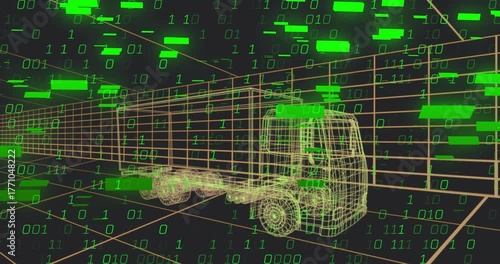 Green binary digits appearing, drifting and saturating wireframe truck model, showing data overlay