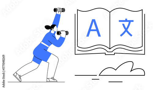 Woman lifting dumbbells near an open book showing multilingual letters, combining fitness and education. Ideal for language learning, education, self-improvement, fitness metaphor, multitasking