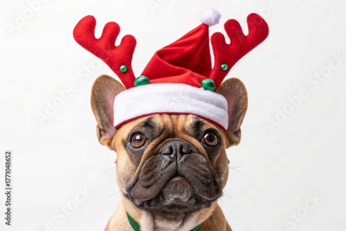 Adorable French bulldog wearing Santa hat and reindeer antlers, festive Christmas pet portrait, white background, holiday costume, cute dog, playful seasonal vibe - generated by ai