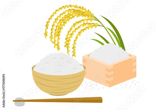 垂れた稲穂と升に盛られた米と茶碗に盛られた白米のイメージイラスト
