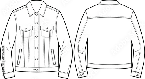 Denim, jacket, technical, sketch, fashion, flat, front, back, garment, design, illustration, blueprint, apparel, clothing, sleeve, collar, pocket, seam, construction, template