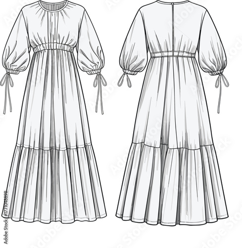 Elegant long dress fashion sketch, technical illustration, puff sleeve gown design, empire waist, tiered skirt, front and back view drawing