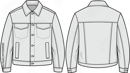 Denim, jacket, sketch, technical, fashion, flat, front, back, apparel, design, garment, blueprint, illustration, clothing, style, sleeve, collar, pocket, seam, construction