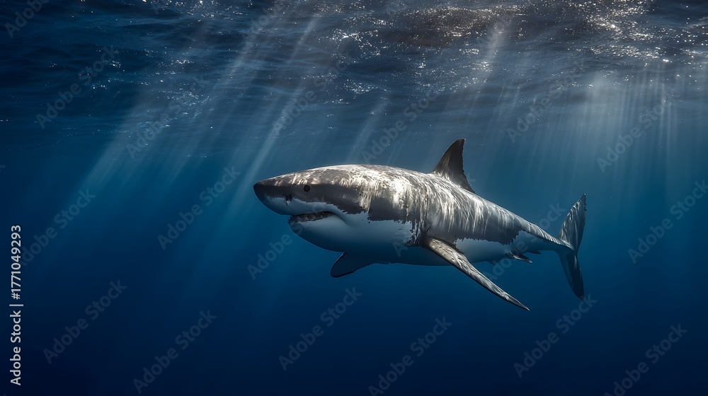 Fototapeta premium Large predatory marine animal swims beneath sunlit ocean surface