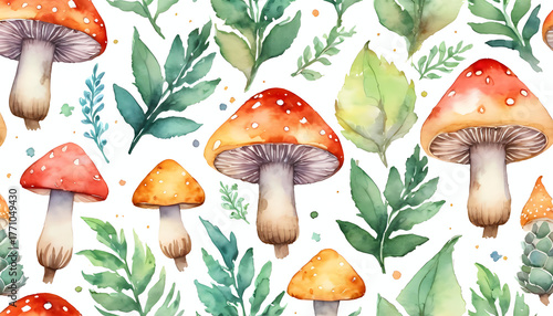 Vibrant red and orange mushrooms are surrounded by green leaves on a white background. This watercolor illustration captures a whimsical Halloween spirit and nature's beauty Generative AI