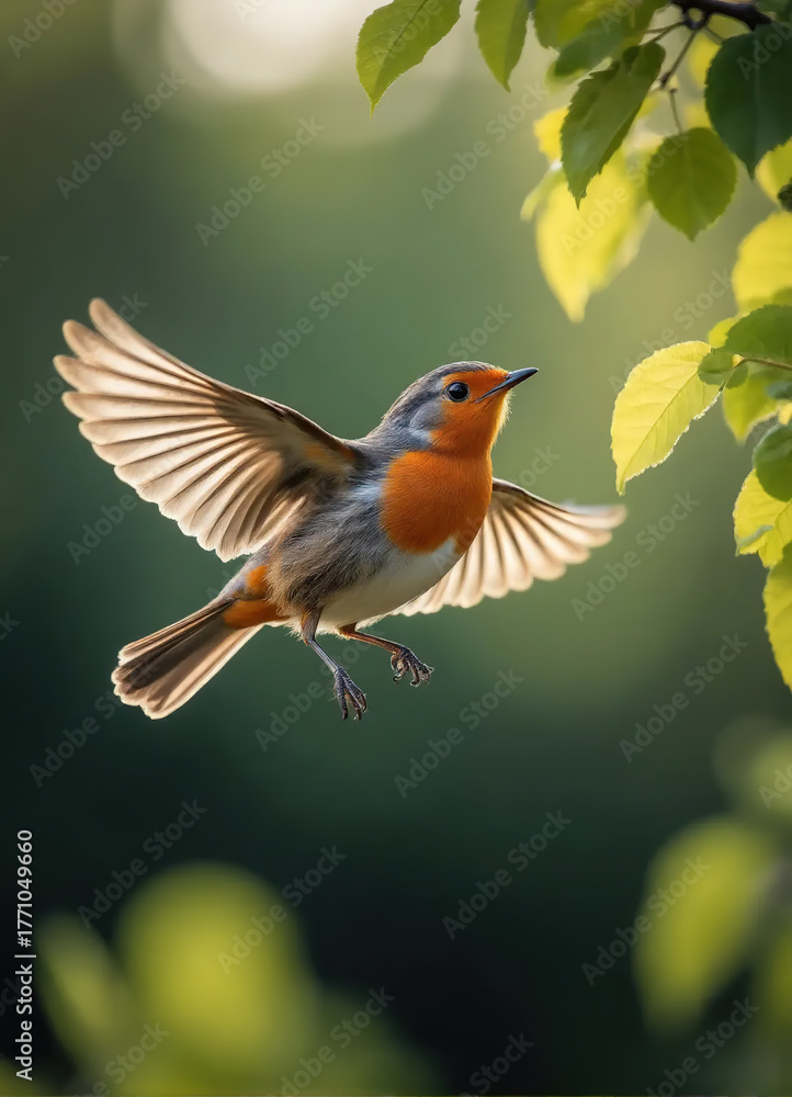 Fototapeta premium Orange-breasted Bird in Flight Among Green Leaves in Natural Environment
