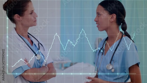 Doctor tapping chart while ECG graph animating and nurse nodding for reviewing patient data