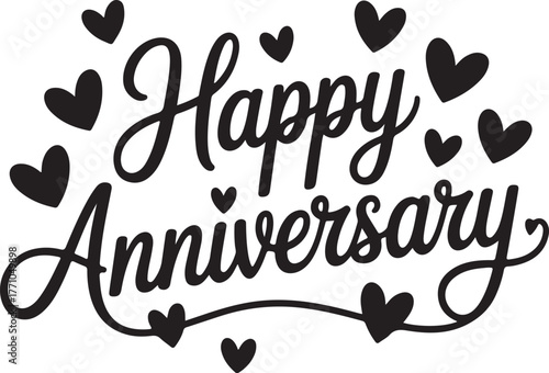 Happy anniversary decorative text with hearts for celebration and love design isolated on transparent background