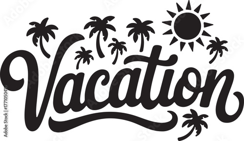 Summer vacation palm trees and sun typographic design tropical getaway concept isolated on transparent background