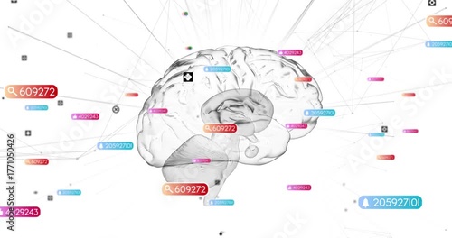 Initializing left-facing brain model rotating while colored tags flowing visualizing data network