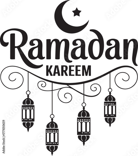 Ramadan kareem islamic crescent moon and lanterns decorative arabic calligraphy for festive occasions isolated on transparent background