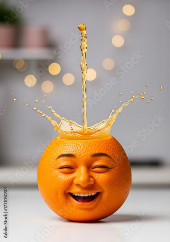 Smiling orange with juice splash for beverage packaging design and refreshing drink advertising