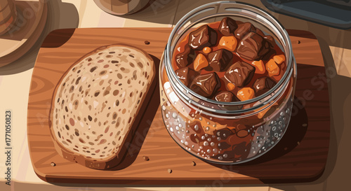 Jar of stew beside bread on wooden table for homemade meal design and rustic food packaging illustration