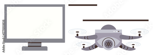 quadcopter hovering with camera capturing video streamed to a nearby monitor. Ideal for technology, surveillance, videography, innovation, live-streaming, remote work, simple flat metaphor