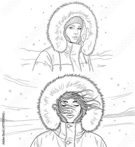 Person in parka hood winter portrait set for fashion illustration and cold weather lifestyle concept