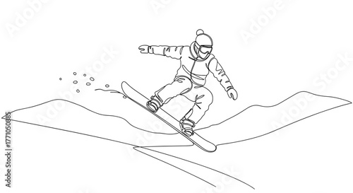 Snowboarder jumping on slope line art vector for winter sport magazine and action poster design