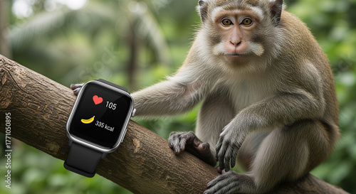 Smartwatch with fitness tracker on tree near monkey for creative advertising and humorous fitness technology concept