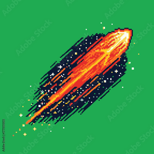 A vibrant 8-bit pixel art illustration of a fiery comet or meteor streaking through a starry sky on a green background.