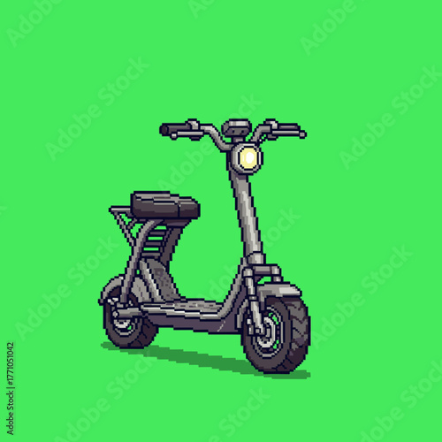 A detailed pixel art illustration of a modern electric scooter with a seat, isolated on a bright green background.