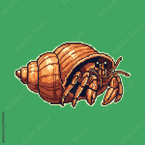 A detailed pixel art illustration of a hermit crab in its shell against a solid green background.