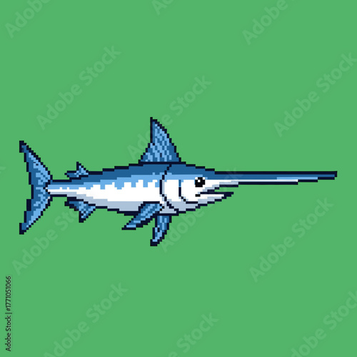 A pixel art illustration of a blue swordfish with a long bill, swimming against a solid green background.