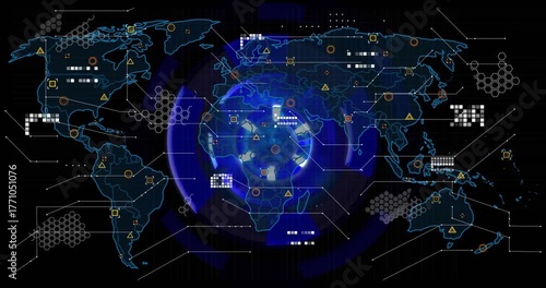 On start UI animating globe emerging data panels appearing arc rotating visualizing global network