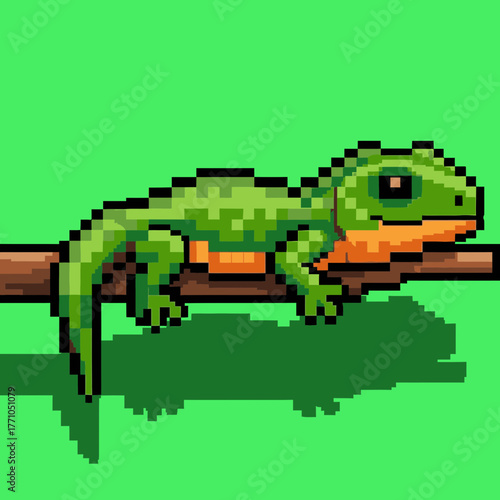 A pixel art illustration of a small green lizard resting on a brown tree branch against a solid green background.