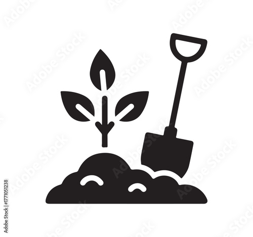 Silhouette of a tree being planted. A seedling in the ground with a shovel stuck in it. An outline icon representing landscape gardening and soil loosening. A flat, isolated vector illustration. 