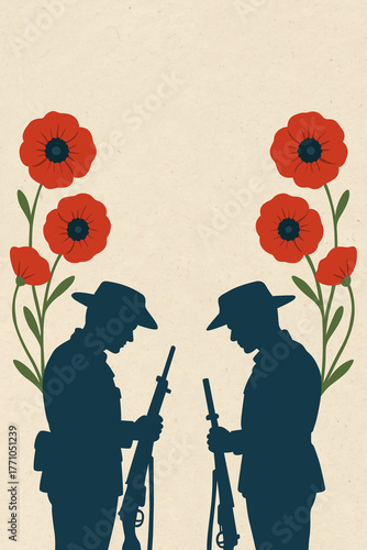 Anzac Day Card Template with Australian Soldiers and Poppy Flowers for Remembrance Day