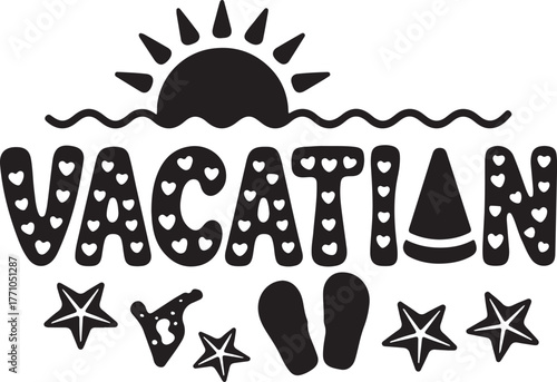 Summer vacation fun sun waves beach flip flops and star icons for travel and holiday designs isolated on transparent background