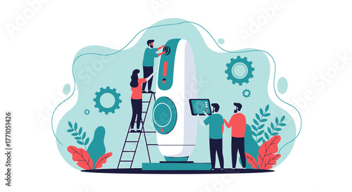 Team of Engineers Inspecting and Maintaining Complex Technological Equipment