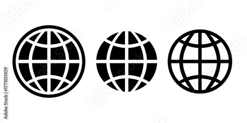 Three distinct globe icons representing global connectivity and world networks in black and white