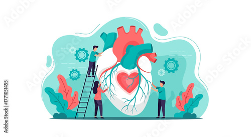 Human Heart Illustration with Teamwork and Medical Concept.