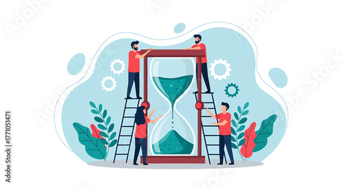 Teamwork and Time Management: Four Figures Working on a Large Hourglass