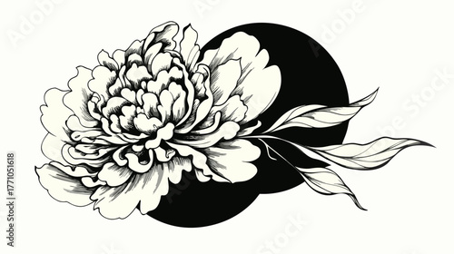 Elegant Black and White Peony Line Drawing, Hand-Drawn Floral Art