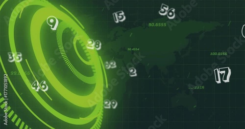 Circular interface fading in and rotating while numeric points drifting out, showing global data