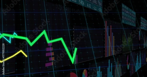 Curved dashboard popping in, bar charts rising, lines fluctuating and panels sliding for insights